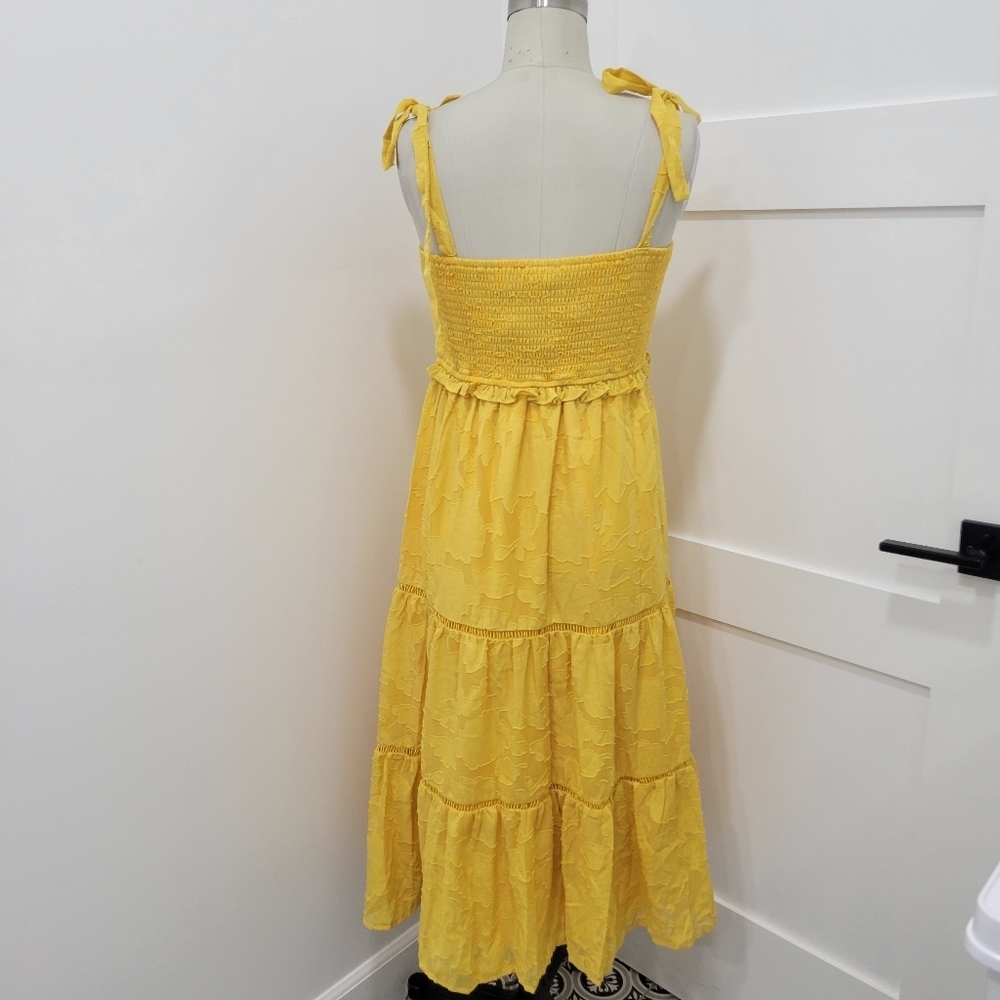 Lulus Float to Love Yellow Jacquard Smocked Tie- Strap Summer Midi Dress Size M - Picture 7 of 11
